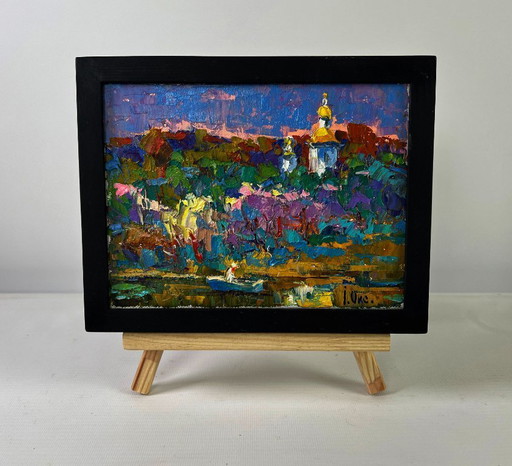 Original Oil Painting Evening Church Landscape Melody through the rural silence