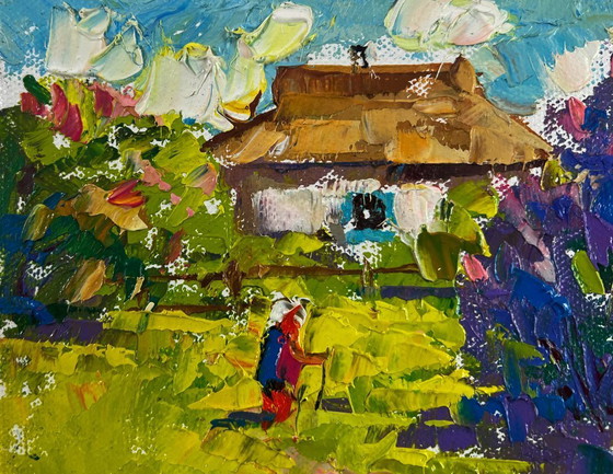 Image 1 of Original Oil Painting Day Village Landscape Spring breathes memories