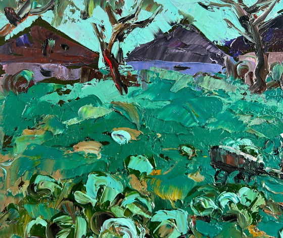 Image 1 of Original Oil Painting Summer Houses Landscape The city and the soul of the village