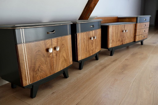 Refurbished Mid-Century Modern Bedroom Set – Stripped Walnut, Grachtengroen, and Silvery Accents