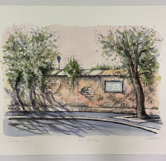 Watercolor Serigraph Painting F. Battelli 66x46m Villa Borghese, Modern Art – Paintings & Drawings, Paper (photo 2 of 6)