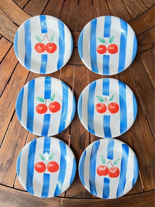 Set of 6 TRECI Italy dessert plates - Hand-painted porcelain vintage cherries