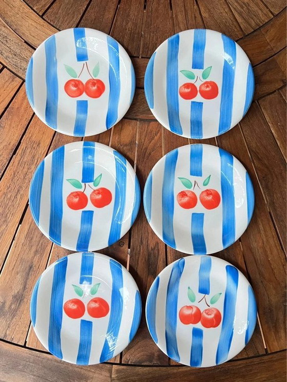 Image 1 of Set of 6 TRECI Italy dessert plates - Hand-painted porcelain vintage cherries