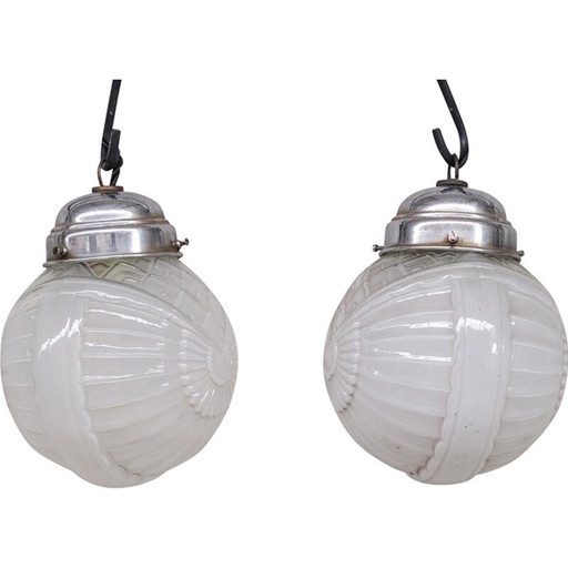 Coppia di lampade a sospensione Art Déco in vetro vintage, Francia anni '30
