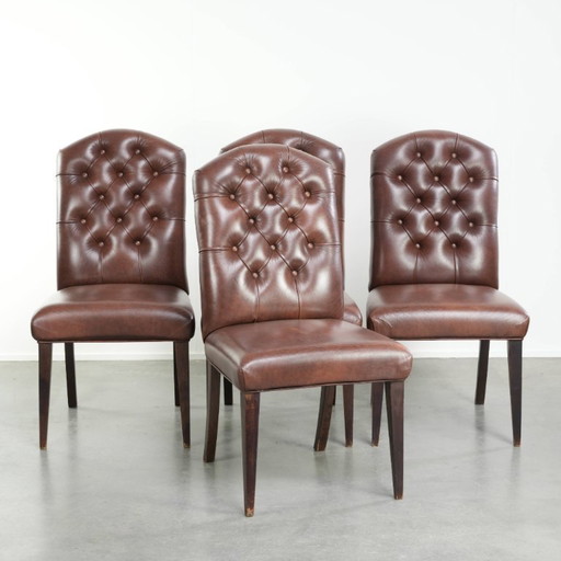 4x vintage rundleren chesterfield eetkamerstoel in een mooie donker bruine kleur – eetkamerstoelen, Leather