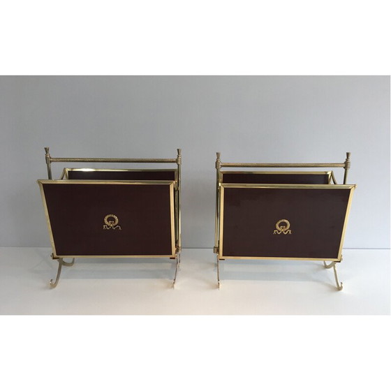 Image 1 of Pair of vintage neoclassical mahogany and brass magazine racks, 1940