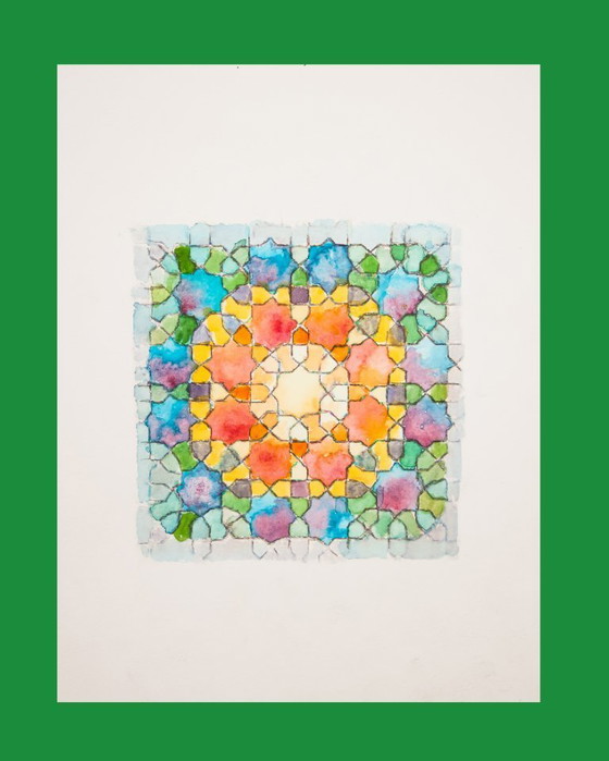 Image 1 of Original watercolor of a Moorish tile. Arabic tile painting. Geometric painting. Watercolor with a geometric motif. New.