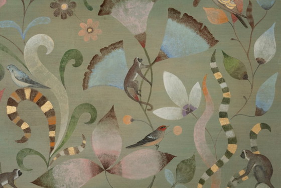 Image 1 of Contemporary painted canvas with a decoration of lemurs, birds and flowers.