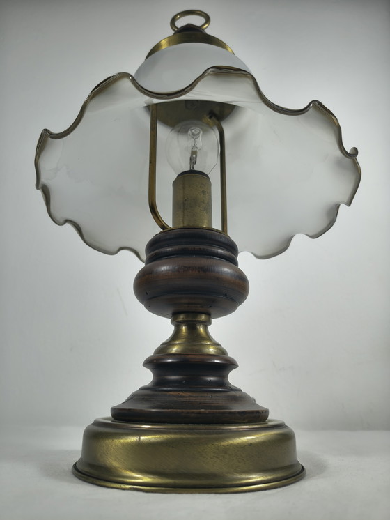 Image 1 of Vintage brass wood table lamp with opaline glass shade – classic / country style