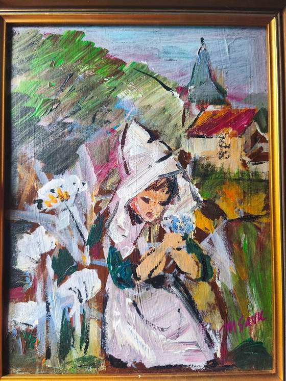 Image 1 of Original Signed Oil Painting – Village Church & Girl – Framed Vintage Artwork