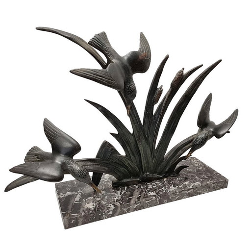 Sculpture Art Déco française de martins-pêcheurs – G. Limousin – beeldhouwkunst, Marble, Metal