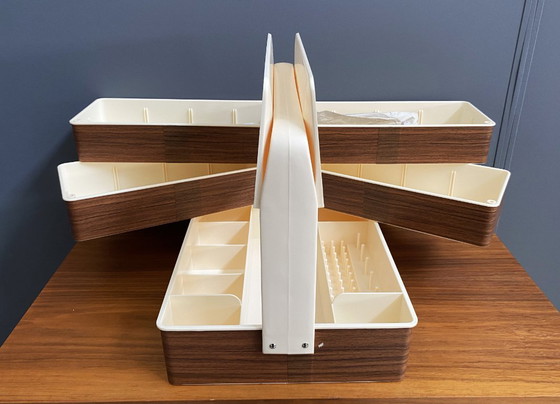 Image 1 of 1970s plastic brown sewing box in original box