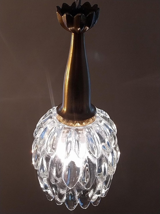 Suspension vintage italienne verre et laiton, Italiaans ontwerp, Métal, Transparent (photo 3 sur 9)