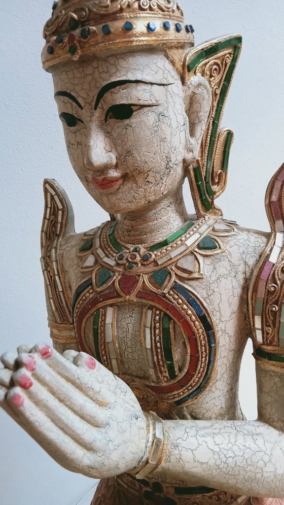 Image 1 of Beelden Set 2 knielende Tepannom tempel poortwachters aardetinten met goud handmatig gesneden 