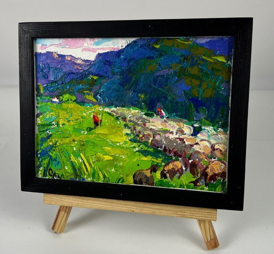 Image 1 of Peinture à l'huile originale représentant un paysage naturel de prairies au pied des montagnes