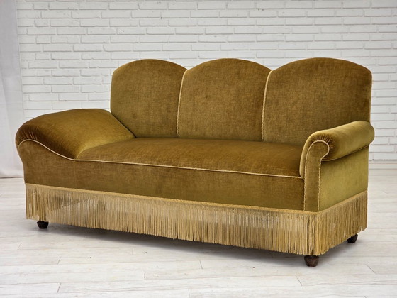 Image 1 of 1950s, 2 seater sofa/daybed, light green furniture velour, ash wood legs.