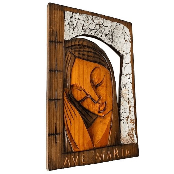 Image 1 of Targa da parete in legno raffigurante la Vergine Maria, intagliata a mano, decorazione da parete, anni '70