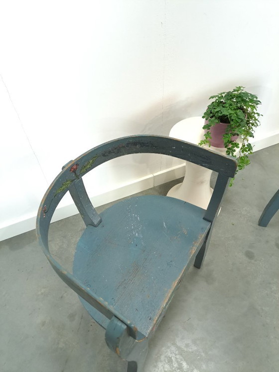 Image 1 of Old wooden blue set of chairs with flowers from Sweden