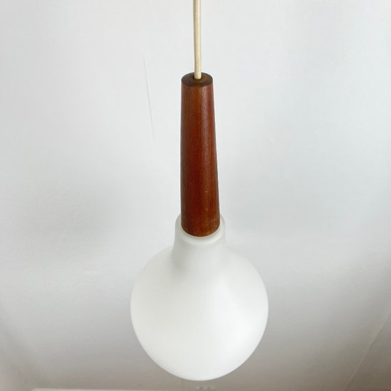 Image 1 of Scandinavian opaline and teak pendant light, midcentury modern