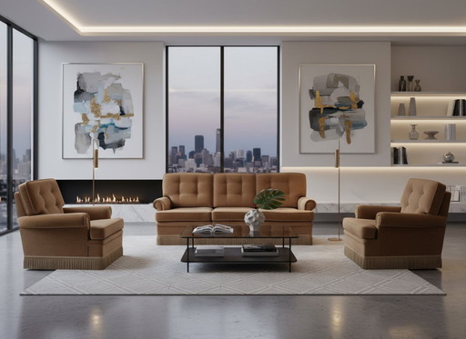 1970s chenille living room set with decorative fringe