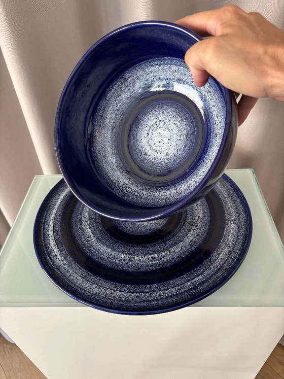 Set vintage di ciotola e piatto in ceramica blu cobalto di Waechtersbach, Germania Ovest. (photo 8 of 13)