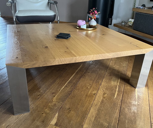 Bert Plantagie coffee table with stainless steel legs and light oak top