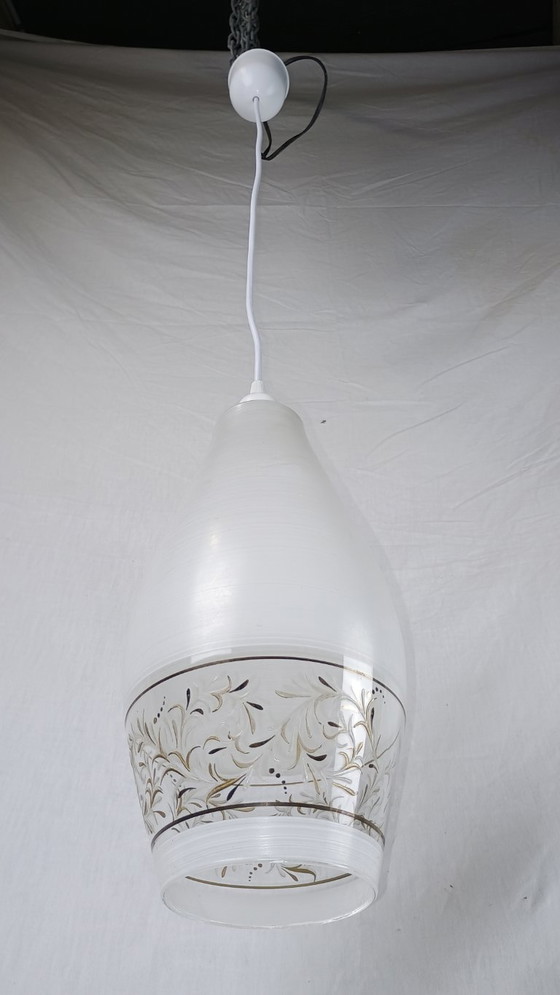 Image 1 of Lampada a sospensione da soffitto LUNEL Lanterna testurizzata in vetro bianco, stile vintage di metà secolo