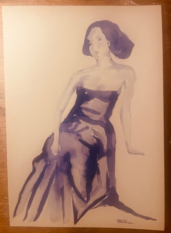 Tableau signé portrait féminin « robe de soirée bleue nuit » – Peintures et dessins, Papier (photo 3 of 10)