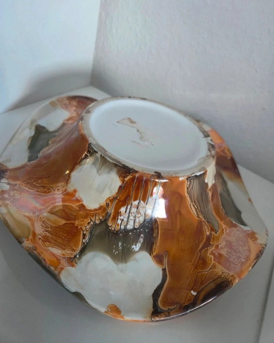 Jaren 70 Kunstkeramiek Schaal (Ø 27cm) • Vloeiglasuur Oranje Bruin • Fabrikant Onbekend – Schalen, Ceramic (photo 5 of 5)