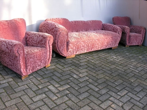 Art deco chaise longue met 2 fauteuils 