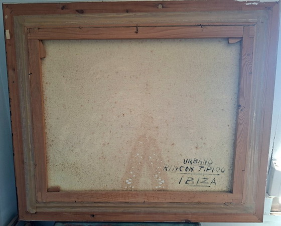 Image 1 of V. Berbegal. Oil on canvas painting + Ibiza postcard, artist reference - ca. 1980. Decoration