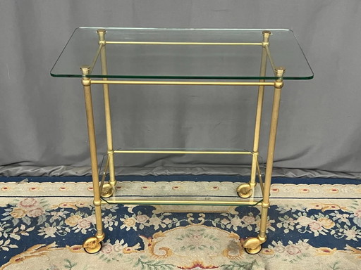 Carrello di servizio su ruote con due ripiani in vetro e struttura in ottone. – serveerwagens, Glass, Brass (photo 2 of 5)