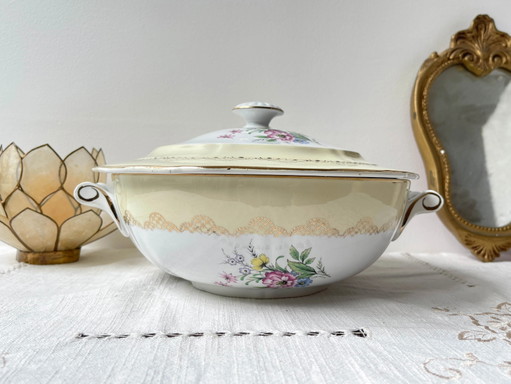 Soupière Vintage Florale Blanche Jaune Dorée Porcelaine L'Amandinoise 38754 France Années 50