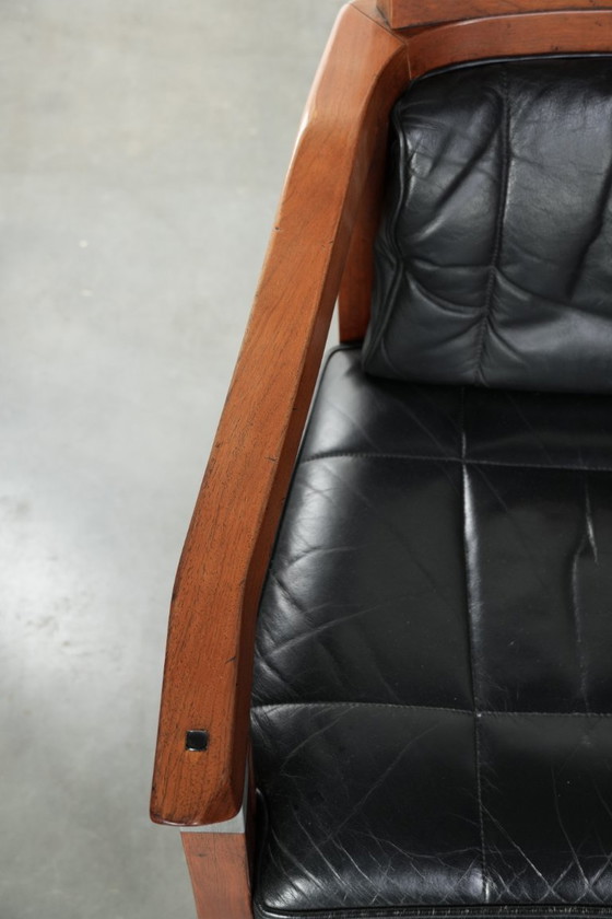 Image 1 of Ensemble de 4 chaises de salle à manger de luxe en cuir noir, design Art déco, par Schuitema