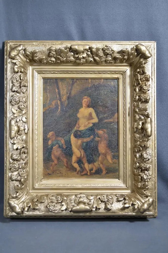 19e-eeuws Frans School Mythologisch Olieverfschilderij, Nimf en Drie Putti – Schilderijen & Tekeningen (photo 4 of 15)
