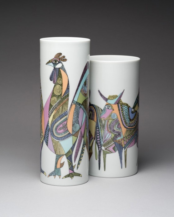 Image 1 of Rosenthal “Bulls” & “Roosters” Designer Vase Duo Cuno Fischer & Bjørn Wiinblad