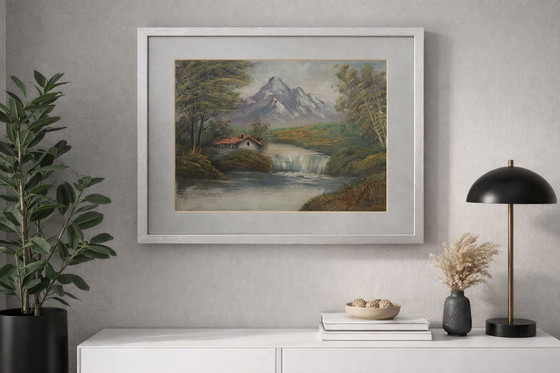 Image 1 of Dipinto di paesaggio montano d'epoca - Scena di cascata e baita incorniciata