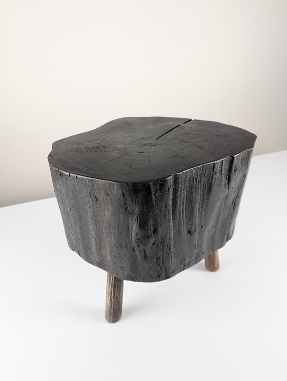 Image 1 of Black Ebonized Wabi-Sabi Wood Stool with Butterfly Joints