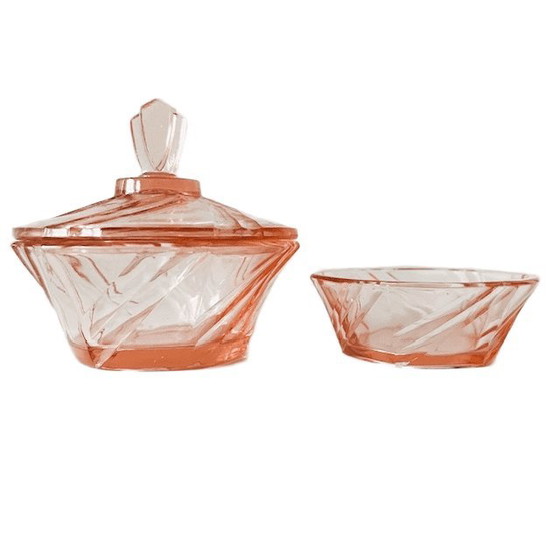Image 1 of Art-Deco-Schmuckset „Rosaline“ aus geschliffenem Kristall, bestehend aus einer Schmuckdose und einer Schale, rosa, 1930er Jahre