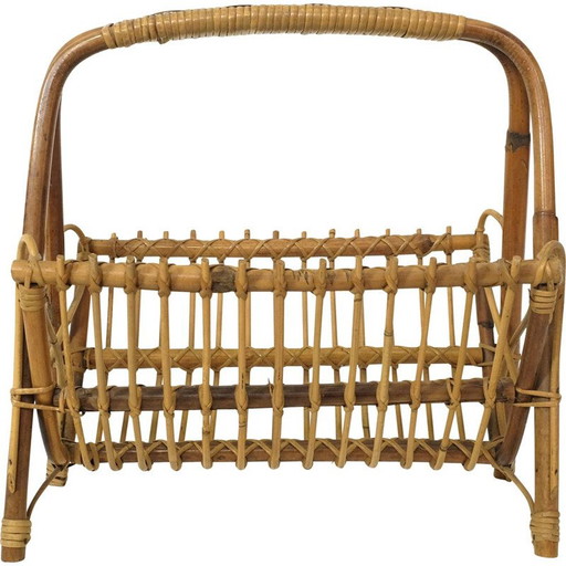 Revistero vintage de bambú y ratán, años 60