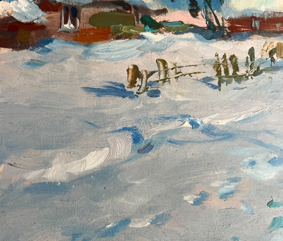Image 1 of Dipinto ad olio originale Paesaggio di un villaggio innevato Spalare la neve dal cortile