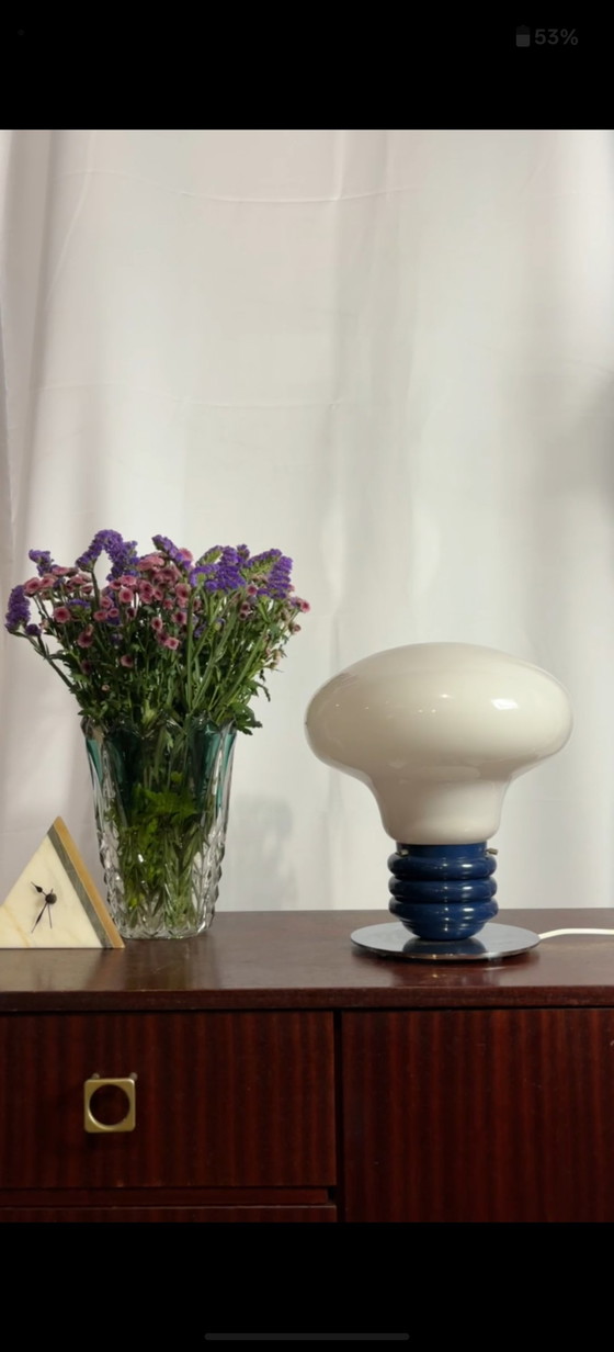 Image 1 of Vintage Space-Age Opaline Mushroom Lamp – Uniek Blauw Keramiek & Chroom