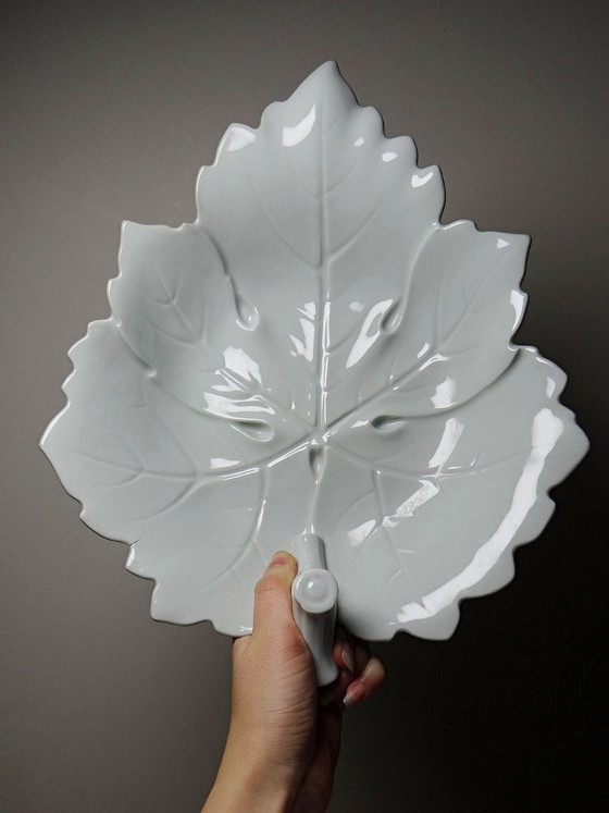 Image 1 of Large celadon porcelain vine leaf bowl by L. Michelaud, Limoges, 1930-50