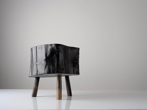 Black Ebonized Wabi-Sabi Wood Stool with Butterfly Joints