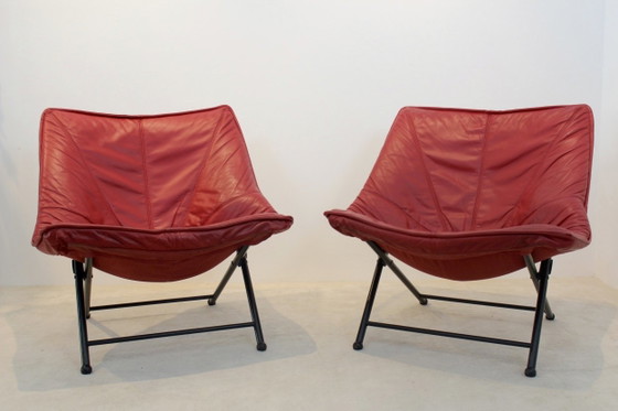 Molinari Foldable Easy Chairs Designed by Teun Van Zanten, Armchairs, Leather, Metal, Red, Mid Century Modern (photo 3 of 10)