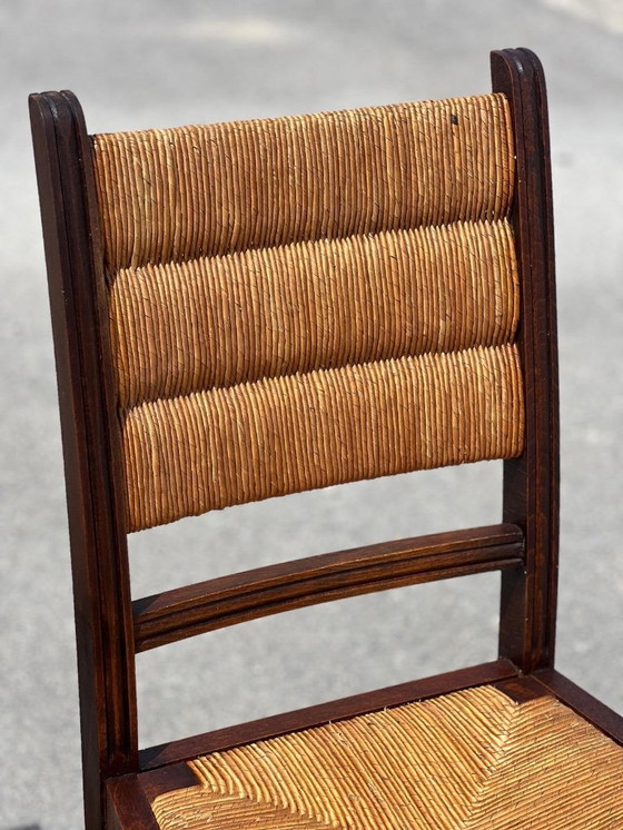 Image 1 of Set of bench and 2 chairs in solid oak and straw French work 1940