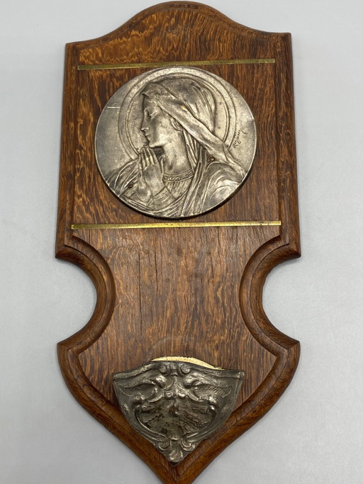 Wall-mounted Holy Water Font with Praying Virgin Mary - Ruffony Signed Medallion – decoratieve objecten, Wood, Metal