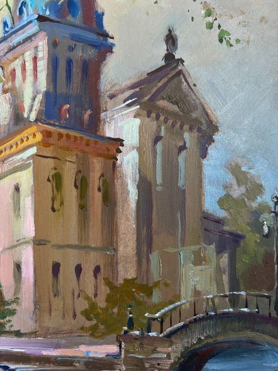 Image 1 of Origineel olieverfschilderij: Stadsgezicht 's avonds. De rivier en het hart van de stad.