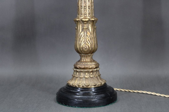 Image 1 of    	 1940s Restored Brass Table Lamp with Wooden Base and Glass Shade