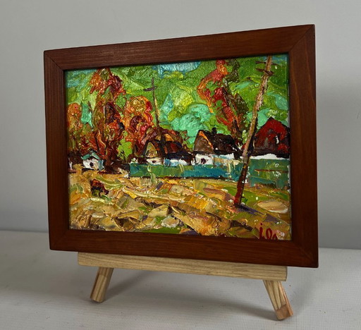 Original Oil Painting Autumn Village Landscape Autumn day in the village
